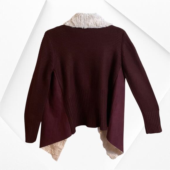 Just Fab Cardigan Women’s SZ M Burgundy Suede Faux Fur Collar Open Long Sleeve - Picture 7 of 9